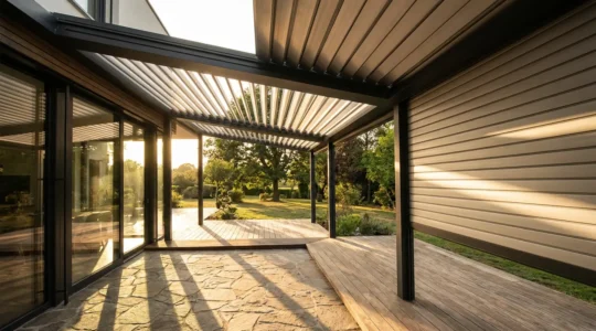 Bioclimatic pergola with adjustable aluminum louvers demonstrating seasonal sun control