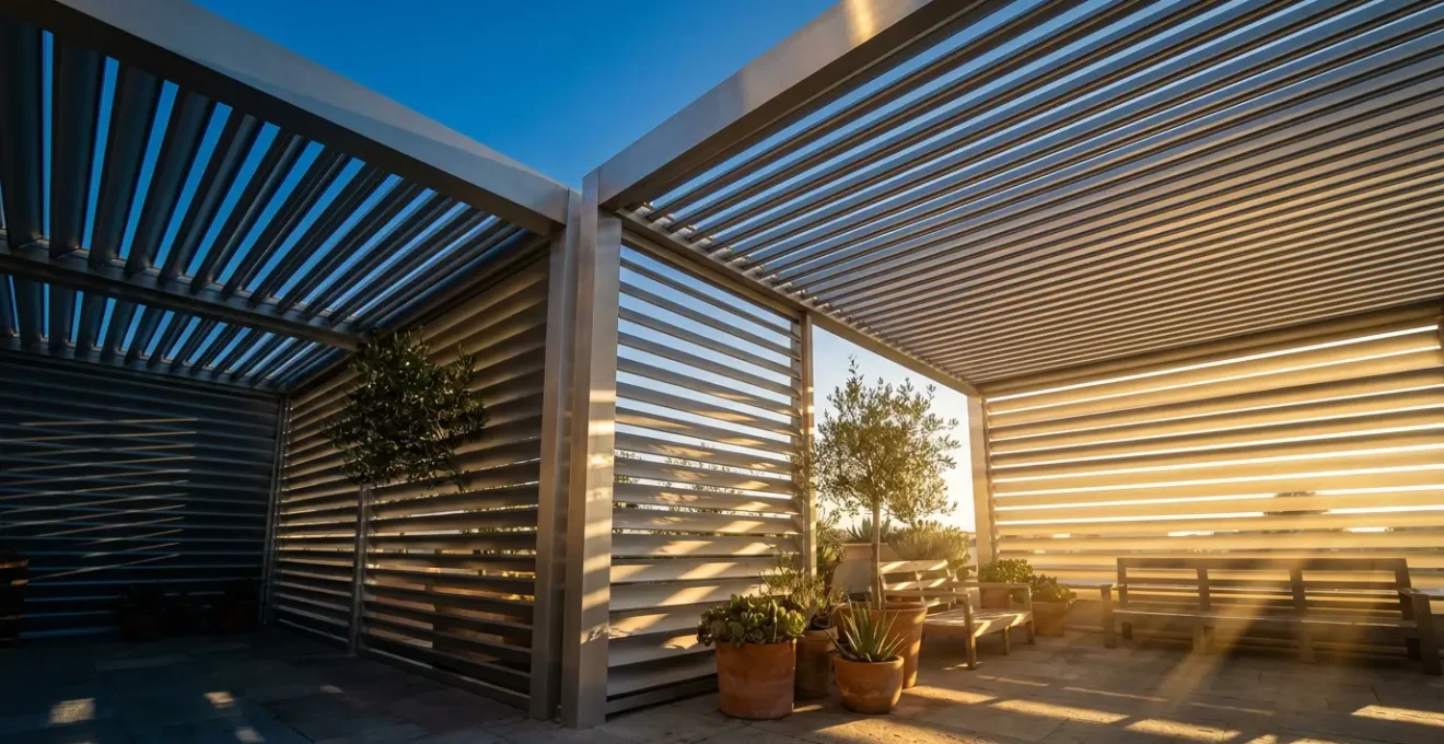 Wide angle view of aluminum pergola louvers adjusted for optimal seasonal sun control