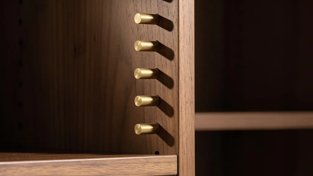 A close-up of high-quality brass shelf pins supporting a thick wooden shelf laden with art books, demonstrating adjustability.