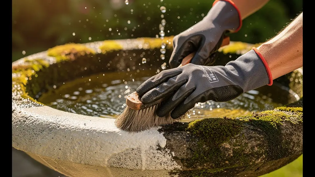 Professional cleaning of algae from natural stone fountain surface