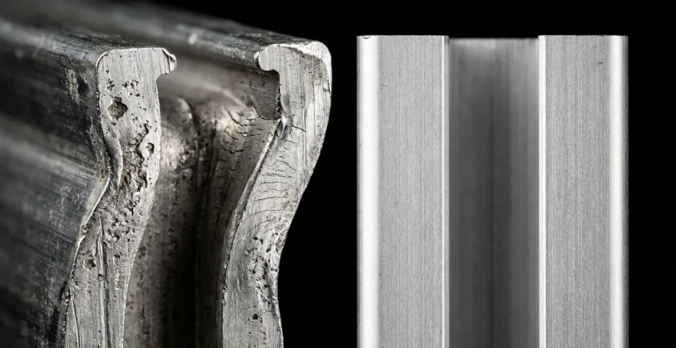 Macro photograph comparing warped cheap aluminum profile with straight high-grade profile