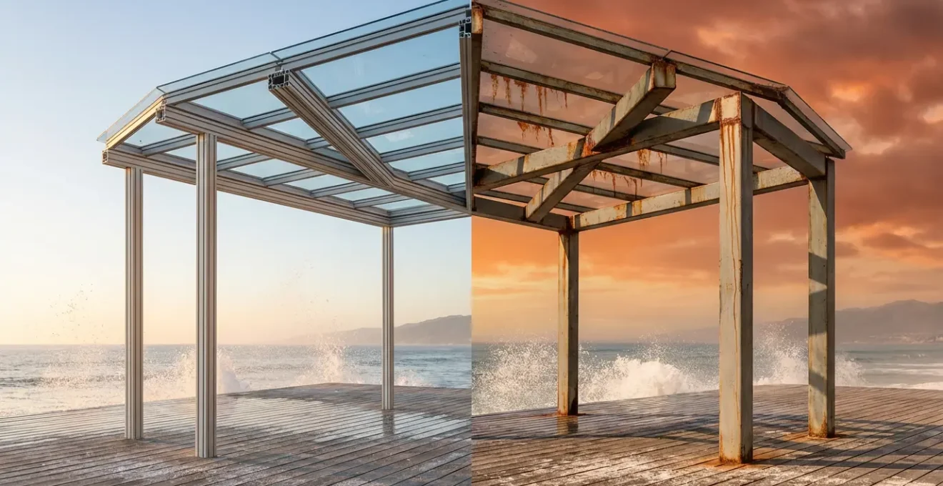 Split view comparing aluminum and steel frame glass structures in coastal setting