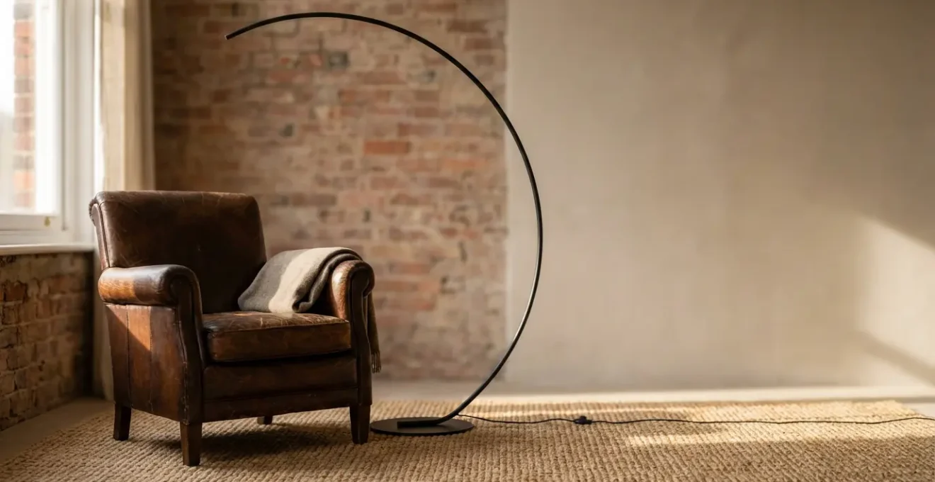 Antique armchair paired with modern floor lamp in transitional living space