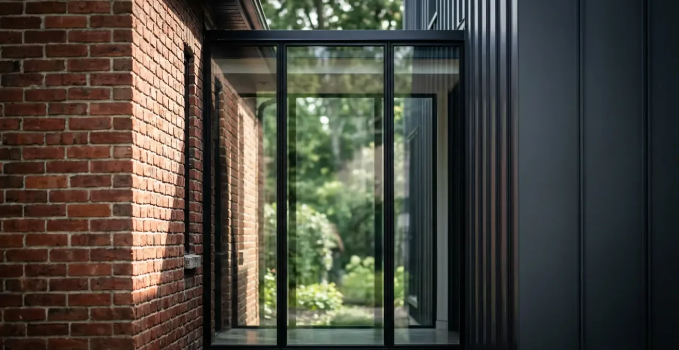 Close-up of transitional architectural element connecting original brick home with modern wood addition