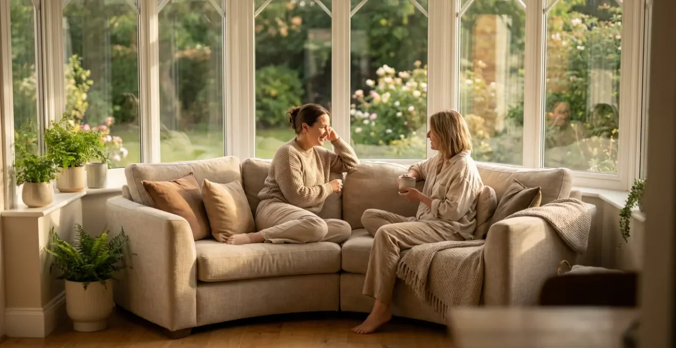 Overhead view of optimally arranged furniture in a Victorian bay-front conservatory