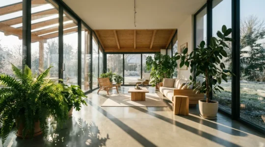Modern bioclimatic conservatory with winter sun streaming through south-facing glass panels and thermal mass elements