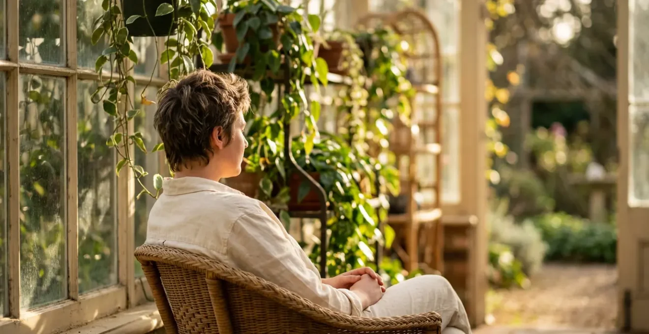 Person relaxing in a plant-filled sunroom bathed in morning light, illustrating the benefits of light therapy.