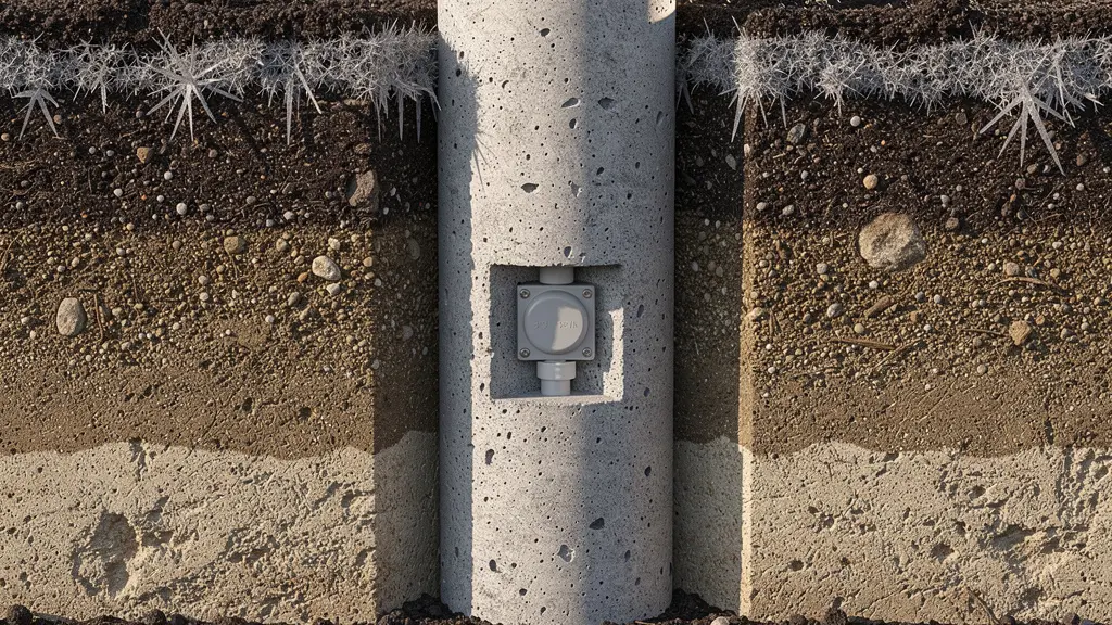 Cross-section view of professional bollard installation showing concrete pier extending below frost line