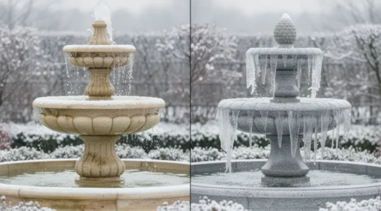 Comparison of cast stone and natural stone fountains showing freeze-thaw effects in winter setting