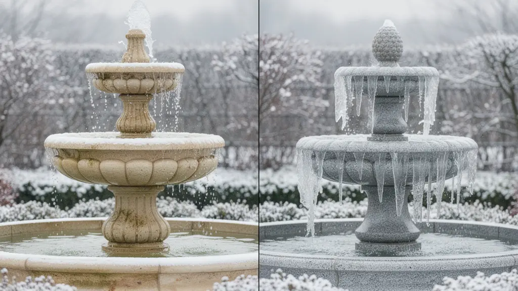 Comparison of cast stone and natural stone fountains showing freeze-thaw effects in winter setting