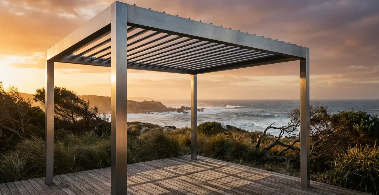 Modern aluminum veranda structure by the ocean at sunset showing durability against coastal elements