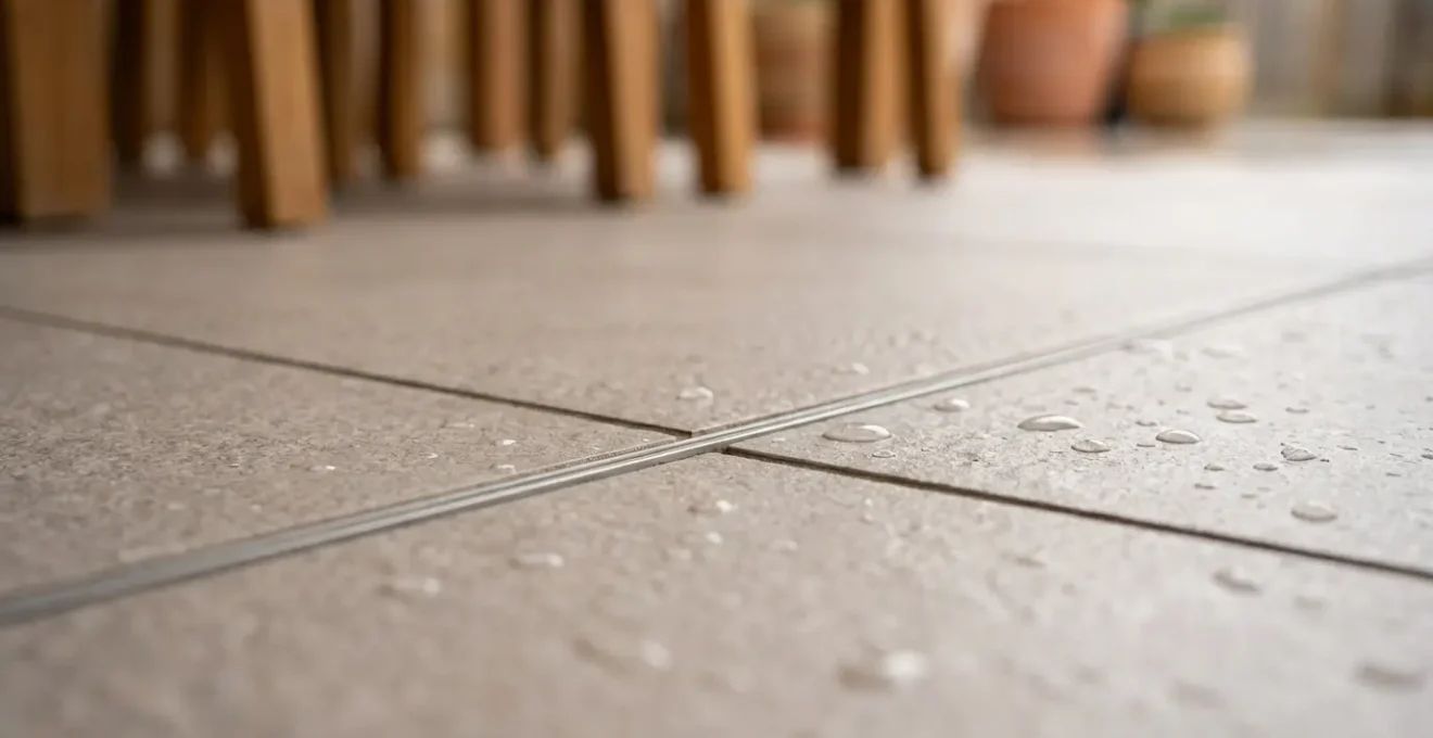 Close-up macro shot of seamless tile transition at door threshold showing identical tiles inside and outside