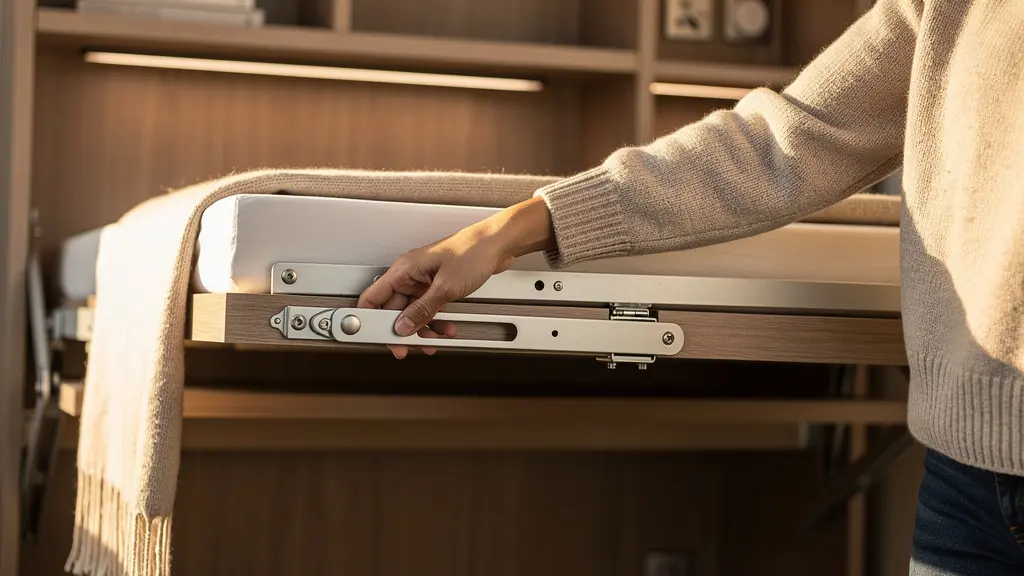Dual-purpose room featuring a Murphy bed system integrated with permanent desk setup