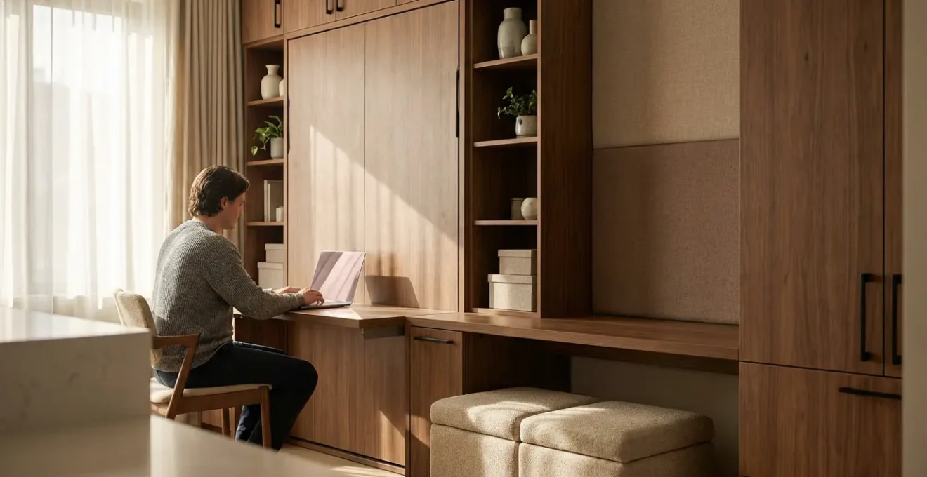 Modern home office with integrated Murphy bed system hidden in custom cabinetry