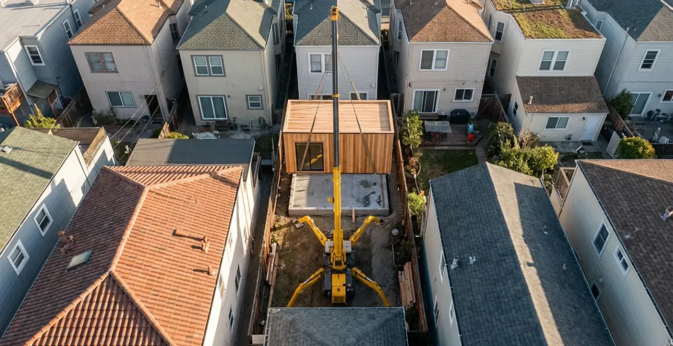 Aerial view of a spider crane maneuvering a modular unit in a tight urban backyard