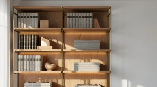 Modern custom built-in shelving system displaying large art books and coffee table volumes with integrated LED lighting