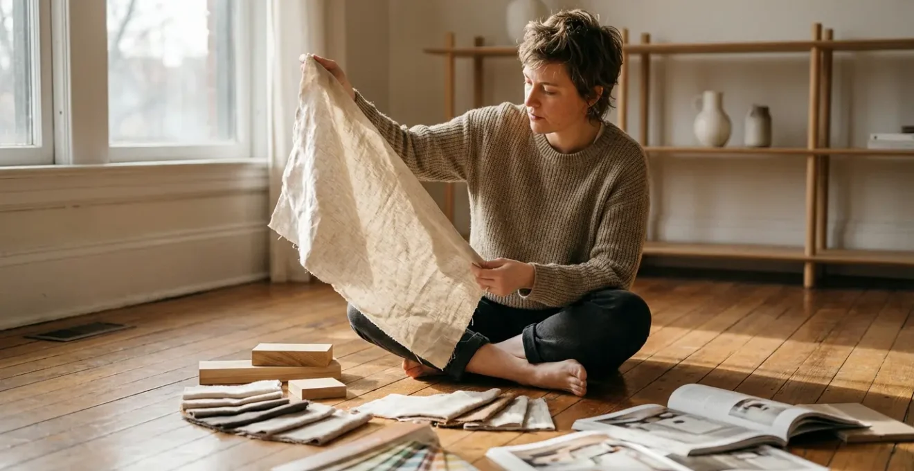 A homeowner contemplating various fabric swatches and material samples in natural lighting