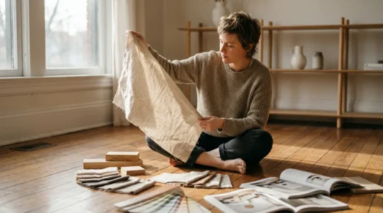A homeowner contemplating various fabric swatches and material samples in natural lighting