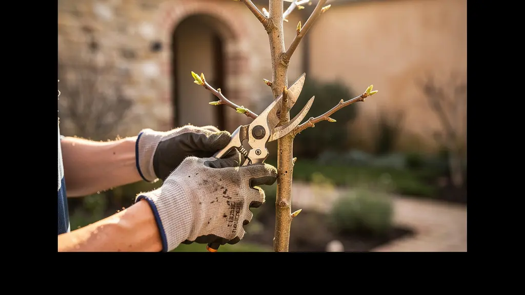 Hands demonstrating directional pruning technique on small tree branch