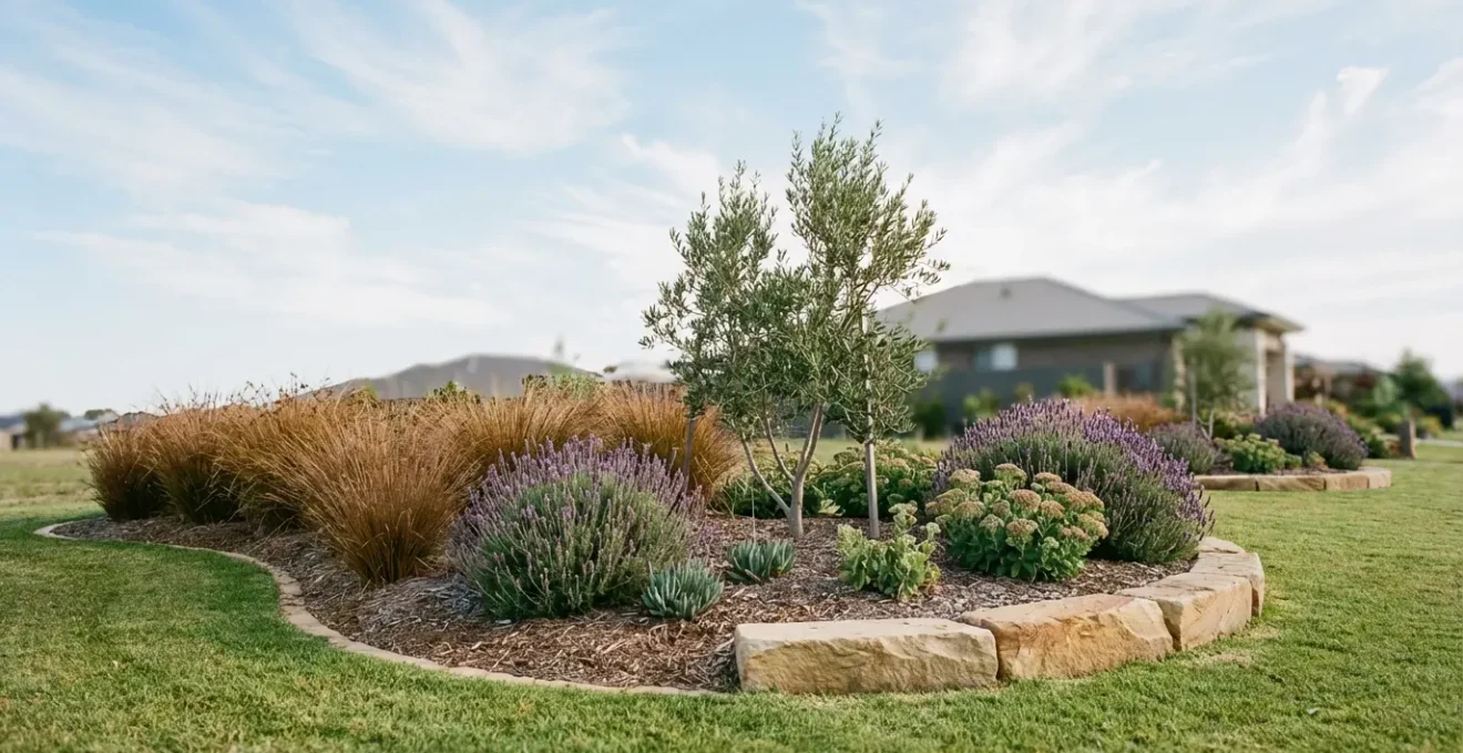 Wide view of a kidney-shaped garden island bed with drought-tolerant plants, ornamental grasses, and decorative boulders surrounded by green lawn