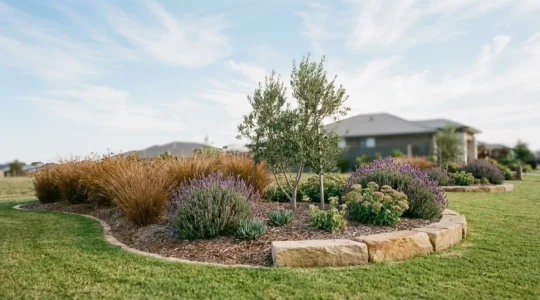 Wide view of a kidney-shaped garden island bed with drought-tolerant plants, ornamental grasses, and decorative boulders surrounded by green lawn