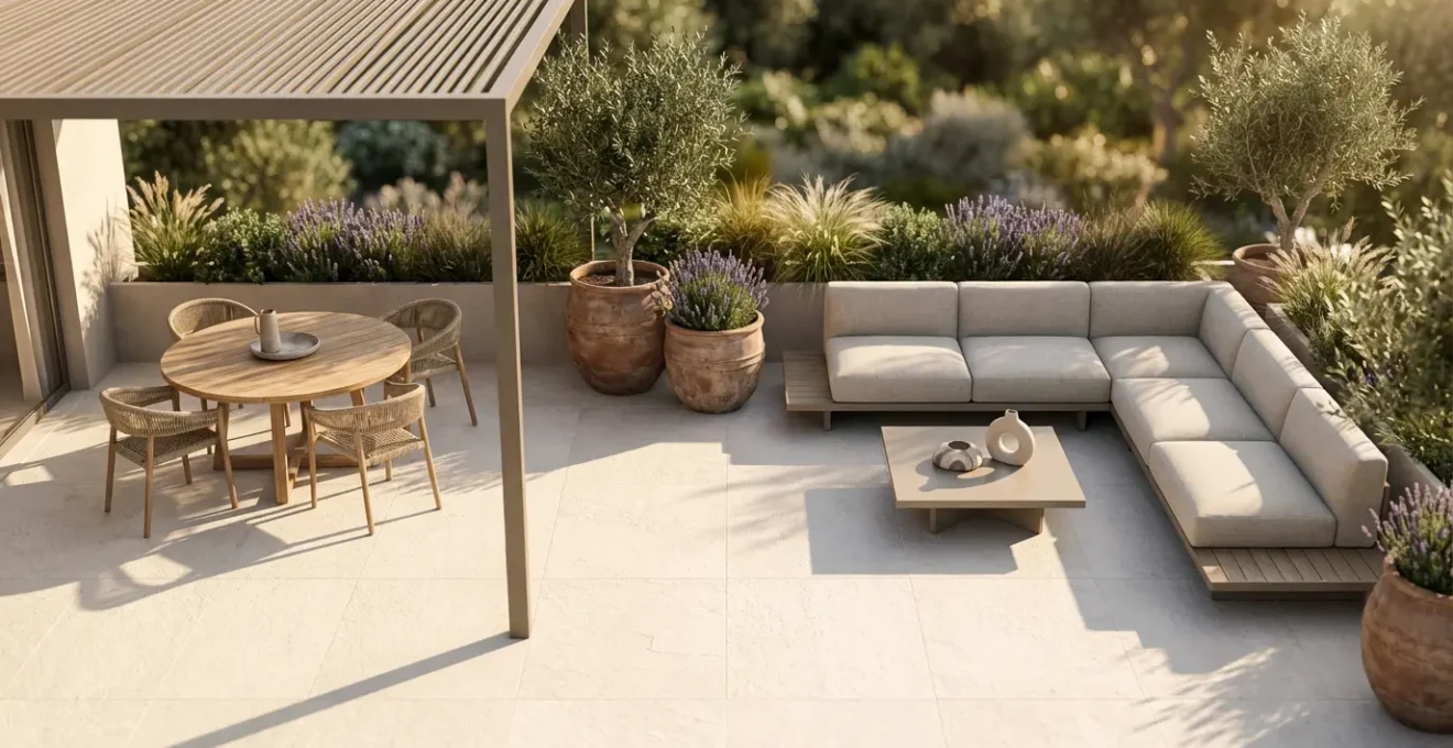 Sophisticated 50 square meter patio with distinct dining and lounging zones separated by natural elements