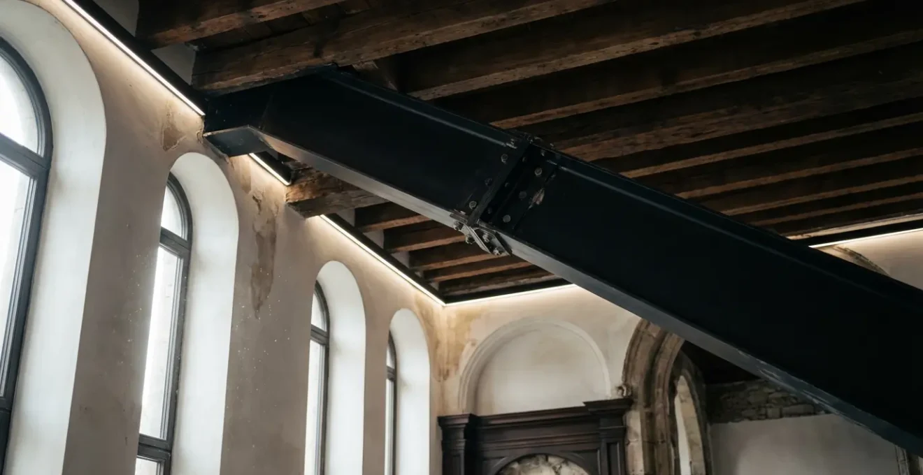 Interior view of historic home showing exposed steel beam replacement with preserved architectural details
