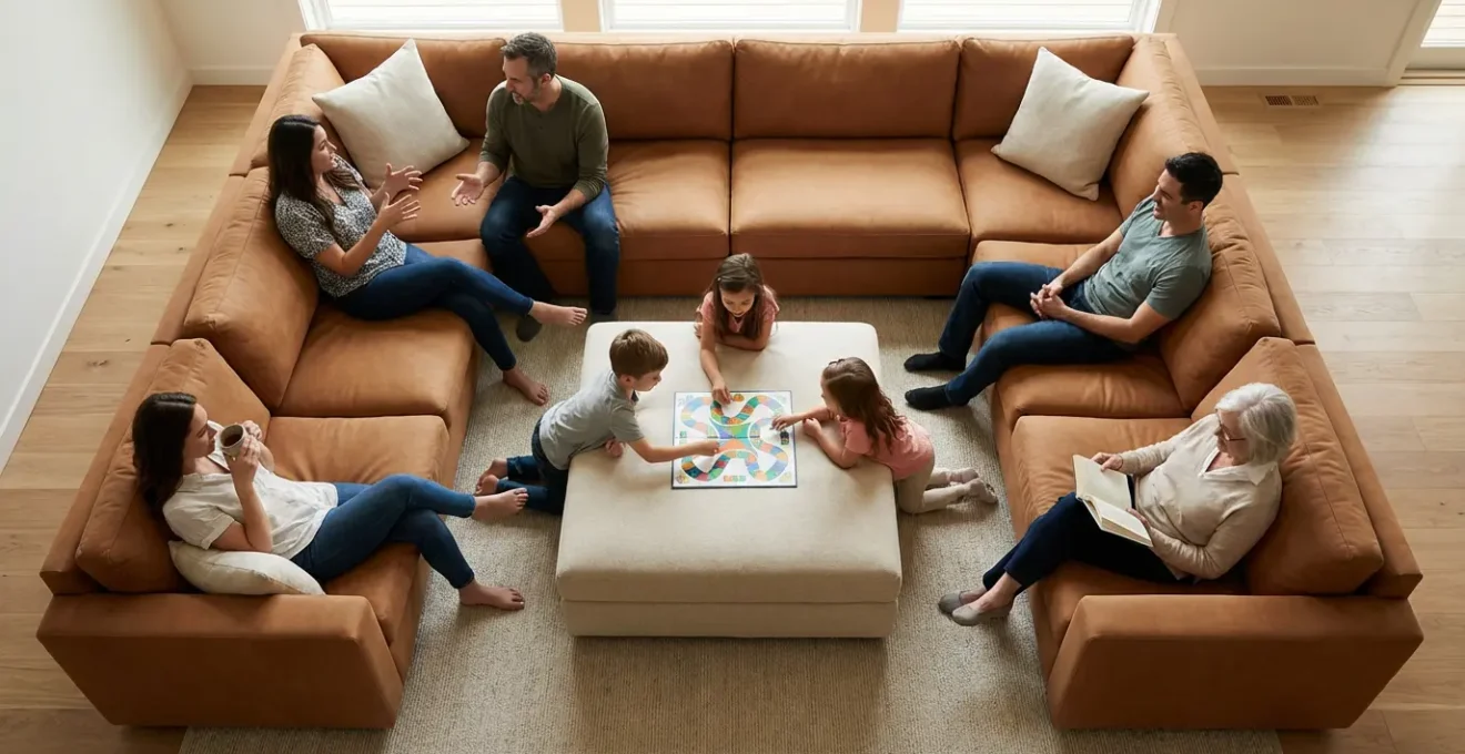 Wide aerial view of a family relaxing together on a large sectional sofa in a bright living room