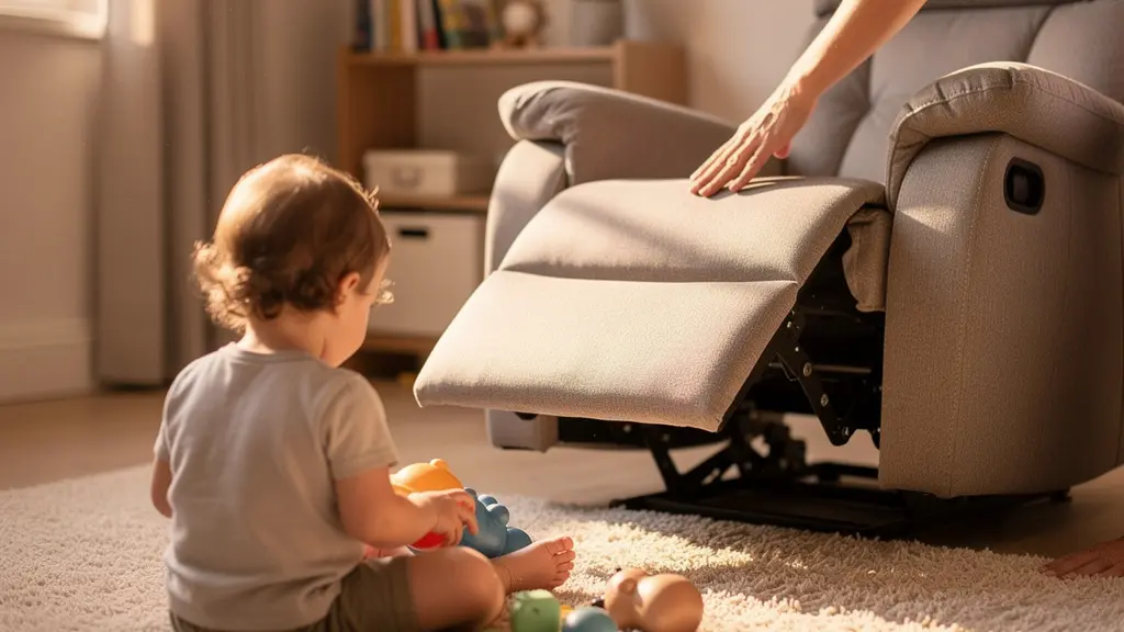 Wide-angle view of a family-friendly living room with safety-conscious recliner placement