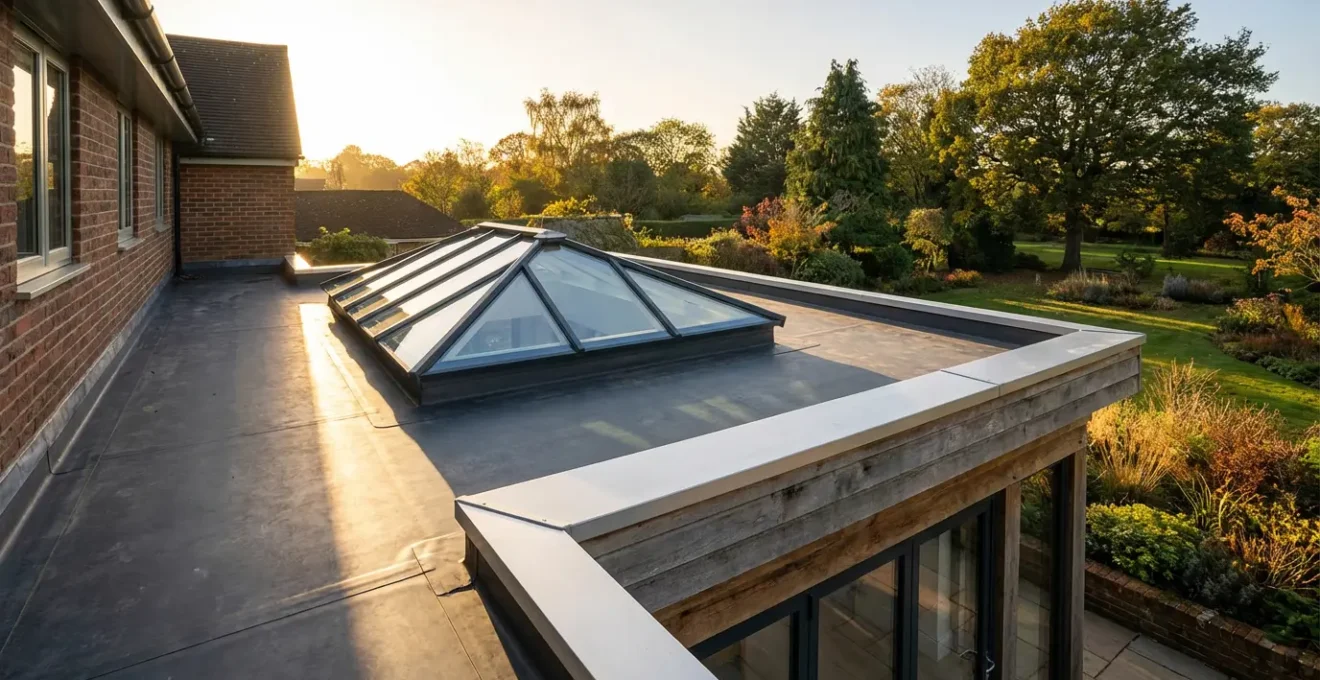 Modern orangery with warm deck flat roof construction and glass lantern installation