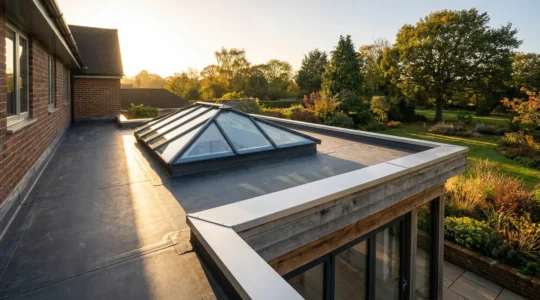 Modern orangery with warm deck flat roof construction and glass lantern installation