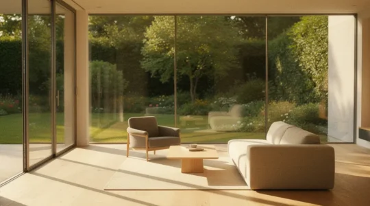 Modern living room with floor-to-ceiling glass walls showcasing natural light penetration and seamless indoor-outdoor connection