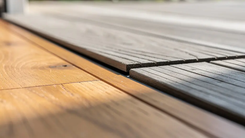 Close-up macro view of seamless timber floor meeting exterior decking at threshold