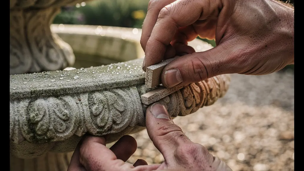 Close-up view of professional shimming technique for fountain leveling