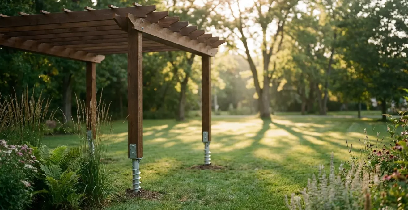 Freestanding wooden pergola installed on grass lawn with metal ground screw anchors visible at base of posts