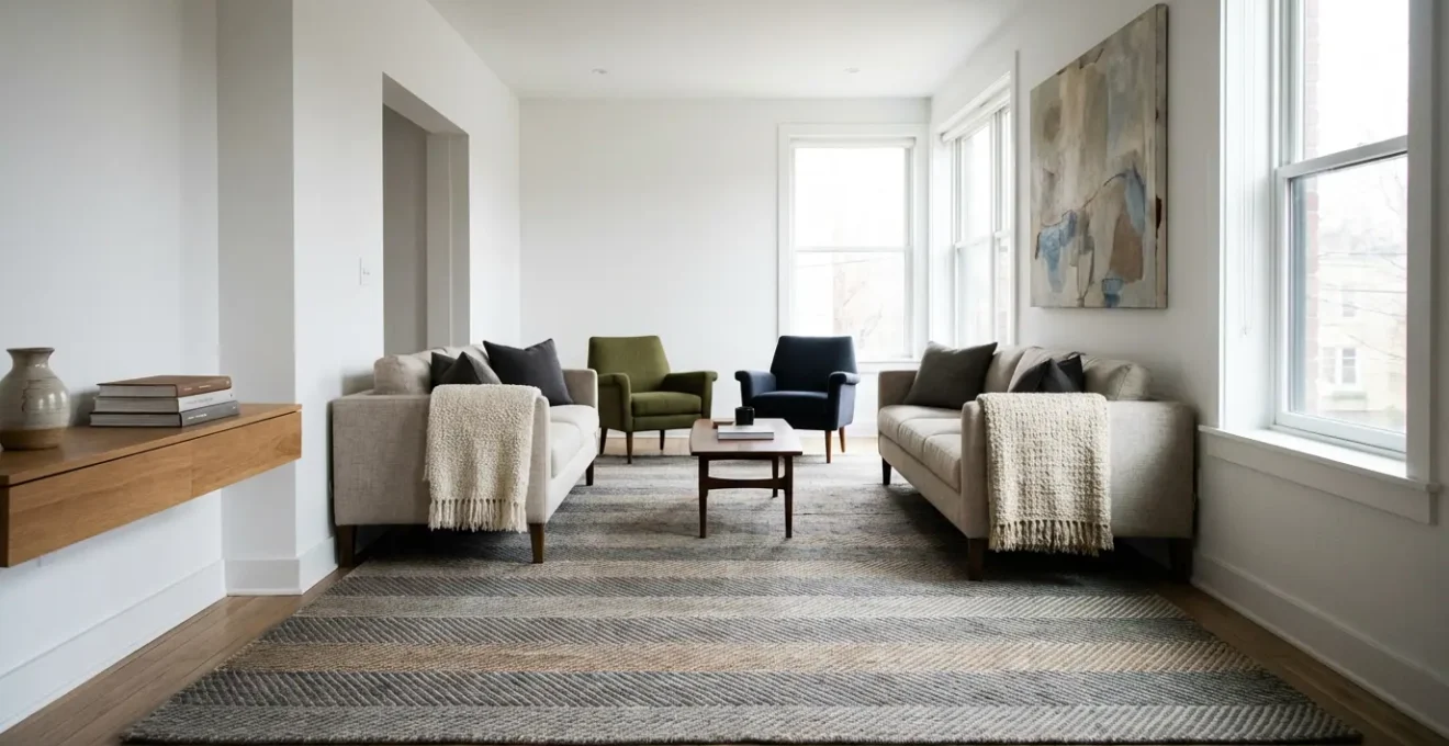 Wide angle view of a narrow living room visually expanded with a bold geometric rug