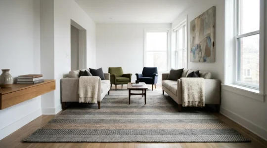 Wide angle view of a narrow living room visually expanded with a bold geometric rug
