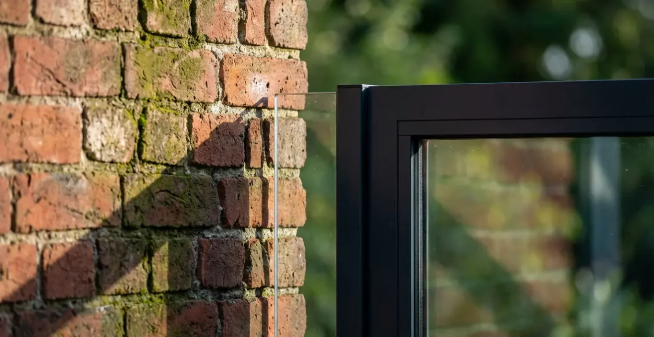 Glass link corridor connecting Victorian house to modern conservatory extension