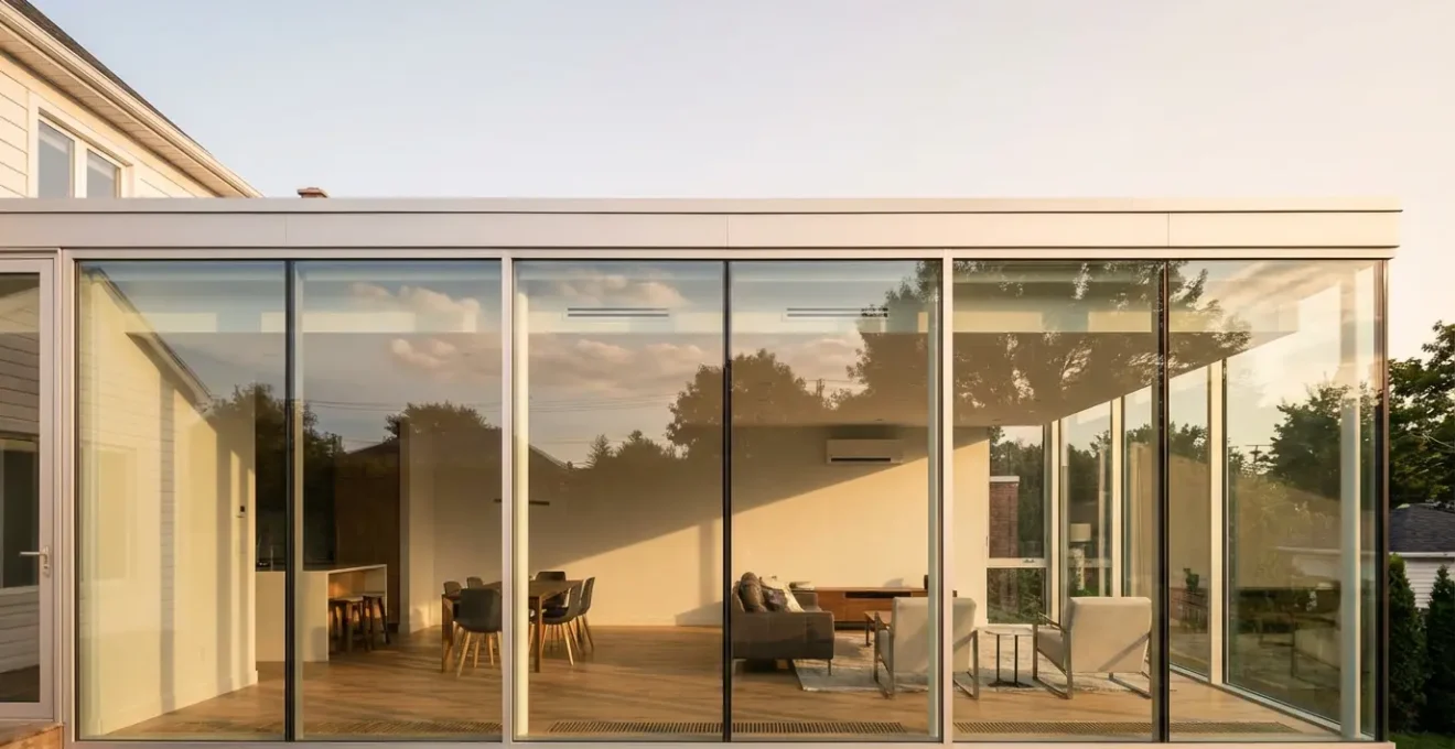 Wide-angle view of a modern glass extension with visible HVAC system components