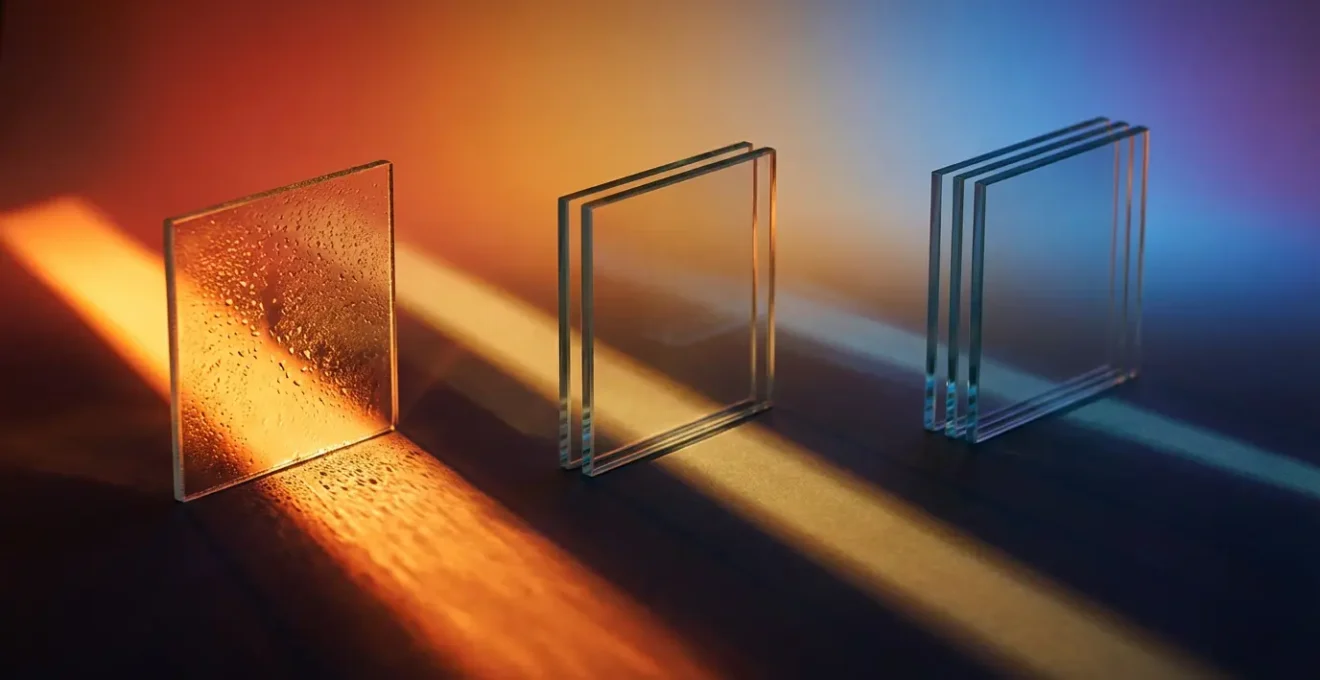 Cross-section view showing how different glazing types, including double and triple glazing with Low-E coatings, block solar heat transfer.