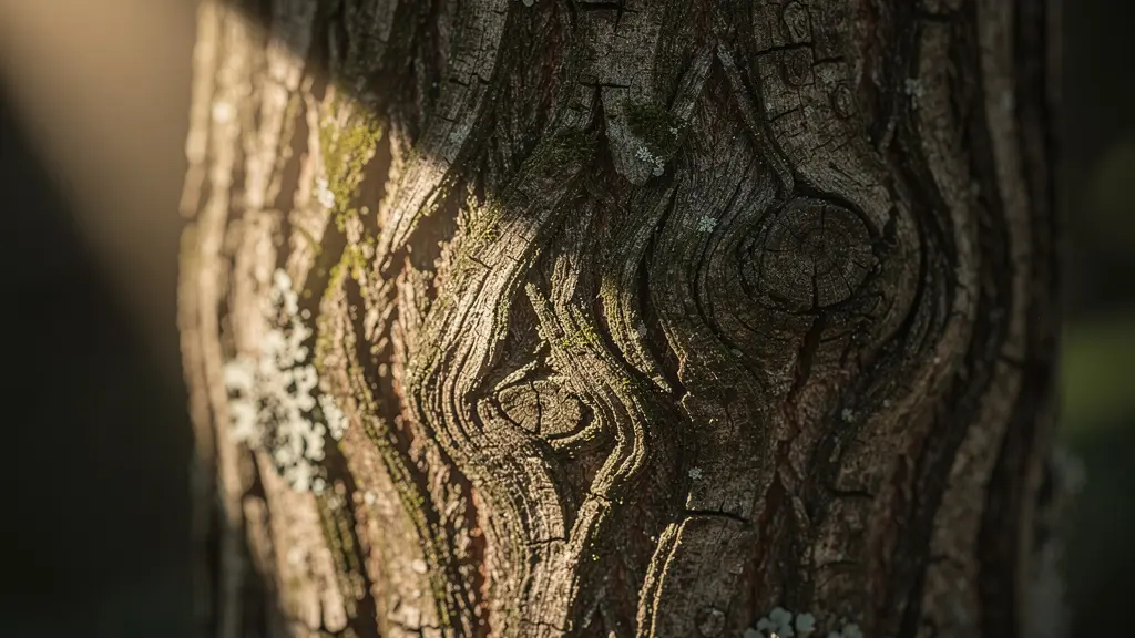 Close-up of textured tree bark illuminated by grazing spotlight technique