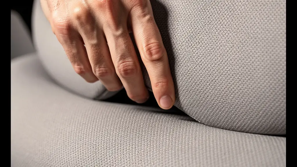 Close-up showing proper hand placement testing the lumbar support gap in a chair