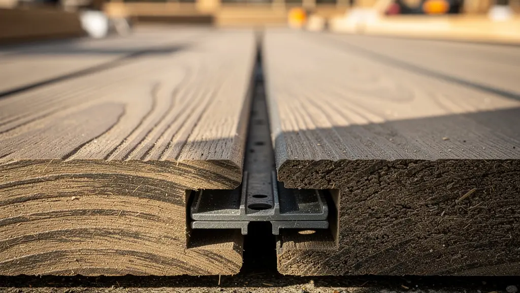 Macro detail of hidden deck fastener system showing clip mechanism between boards
