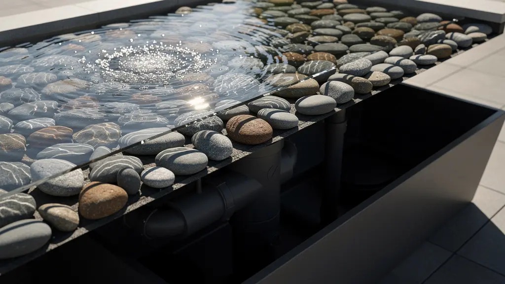 Cross-section view of a modern fountain with its concealed pump system located beneath decorative river stones.