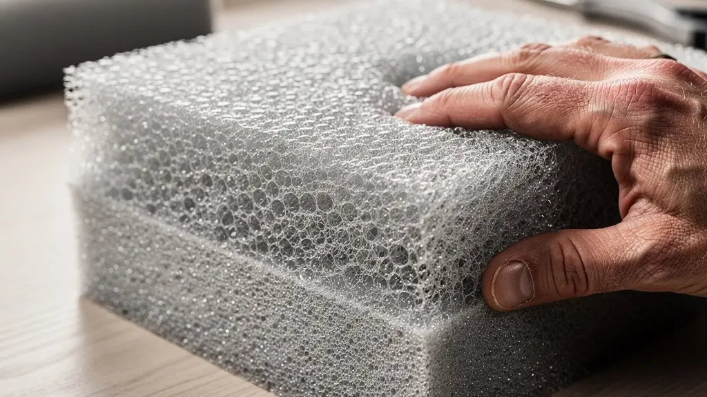 Professional demonstration of foam density testing on luxury sofa cushions
