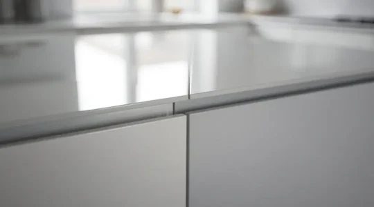 Split comparison of glossy and matte lacquered kitchen cabinet surfaces with light reflection