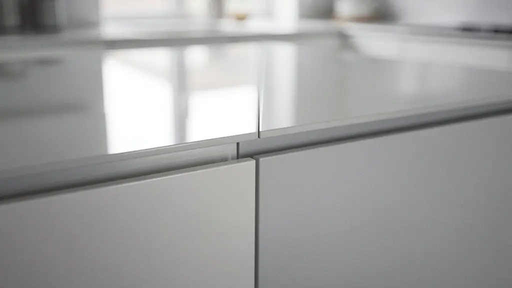 Split comparison of glossy and matte lacquered kitchen cabinet surfaces with light reflection