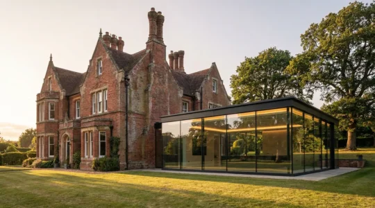 Historic brick home with contemporary glass extension showcasing harmonious architectural blend