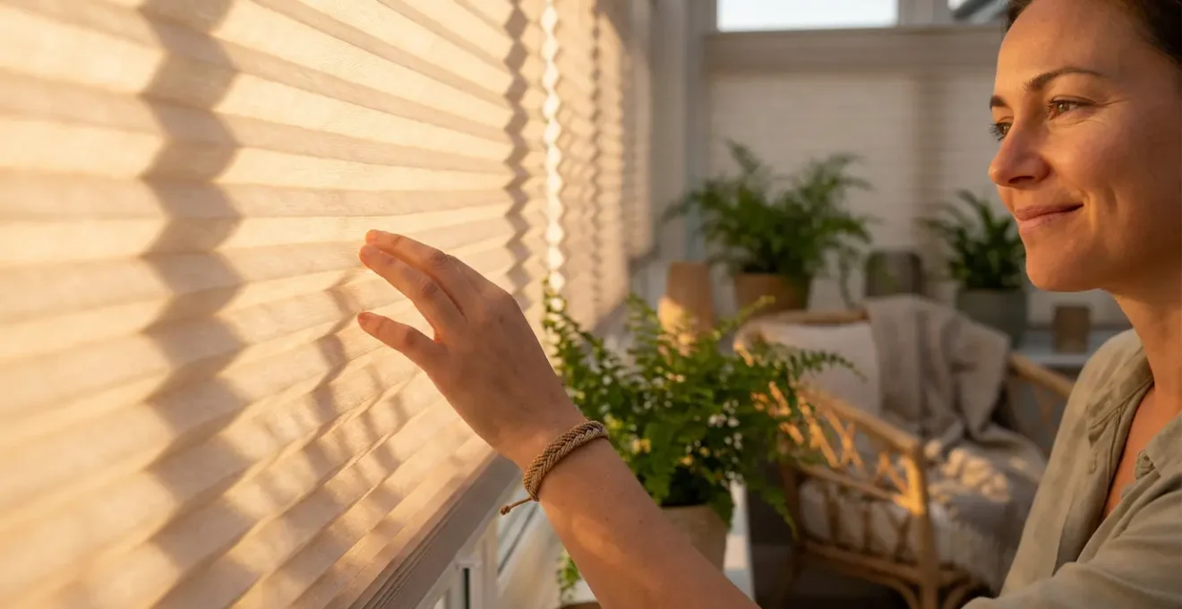 Close-up view of honeycomb cellular thermal blinds installed on conservatory windows