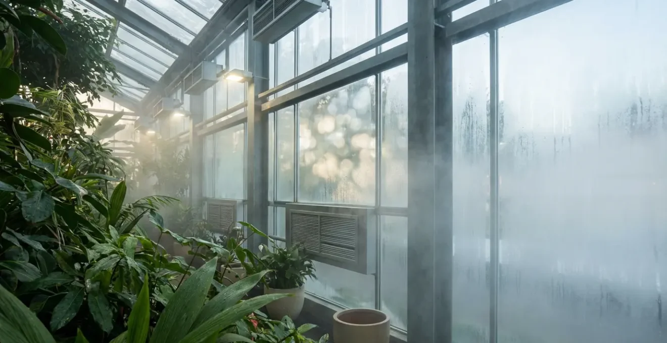 Winter garden interior showing balanced humidity with healthy tropical plants and subtle morning mist